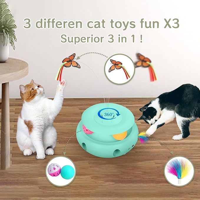 Cat Toys,3-in-1 Interactive Cat Toys for Indoor Cats,Rechargeable Automatic Interactive Cat Toy with Fluttering Butterfly,Smart Sensor 6 Holes Mice Whack-A-Mole and Track Balls,Blue