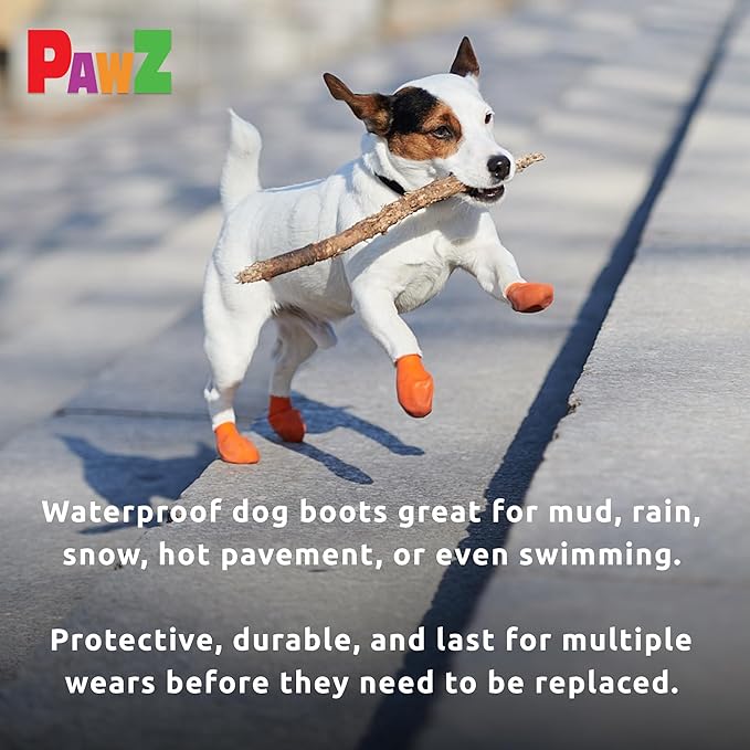 PawZ Rubber Dog Boots for Paws up to 2", 24 Total (2 Packs of 12) - All-Weather Dog Booties for Hot Pavement, Snow, Mud, and Rain - Waterproof, Anti Slip Dog Socks - X-Small, Orange