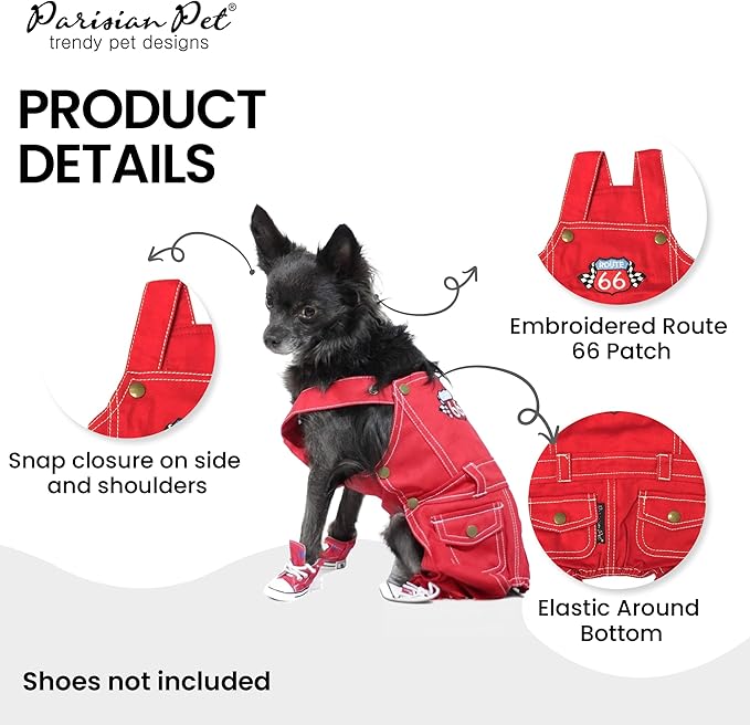 Parisian Pet Denim Dog Overalls - Embroidered 'Route 66' Red Jumpsuit - Breathable, Machine-Washable Medium Dog Costume