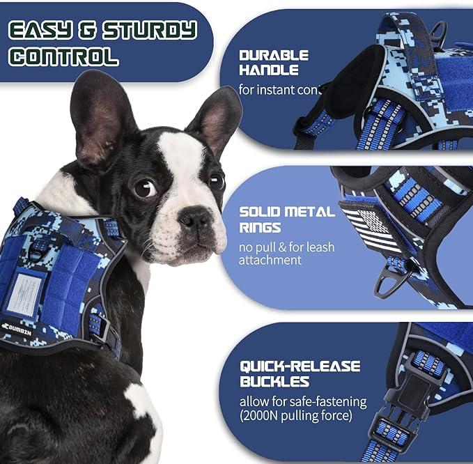 BUMBIN Tactical Dog Harness for Small Dogs No Pull, Famous TIK Tok No Pull Puppy Harness, Fit Smart Reflective Pet Walking Harness for Training, Adjustable Dog Vest Harness with Handle Blue Camo S