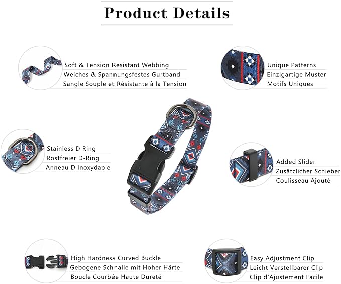 HEELE Dog Collar, Adjustable Soft Dog Collar for Small Medium Large Dogs,Floral Patterned Puppy Collars with Quick Release Buckle M Length 13.39''-20.87''