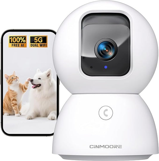 3K Pet/Dog/Cat Camera with Phone App, No-Subscription Local Person/Pet/Face Detection, 5G Security Camera Indoor, PTZ WiFi Cameras for Home Security, 0-Glow Night Vision, Full Duplex Audio