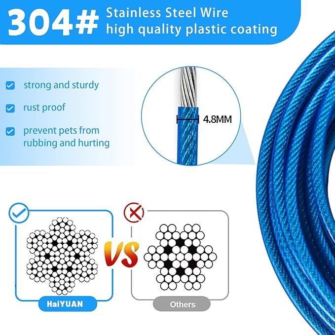 Dog Tie Out Cable 10/15/20/25/30 FT Runner for Yard Steel Wire Cable with Durable Superior Clips Blue Chains for Outside Dog Lead for Large Up to 165 Lbs