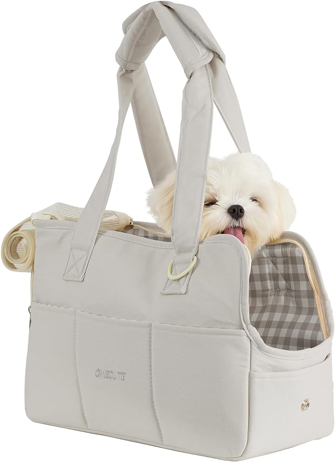 Dog Purse Carrier for Small Dogs Rabbit cat with Large Pockets, Cotton Bag, Dog Carrier Soft Sided, Collapsible Travel Puppy Carrier (Grey, 13.6" L x 6.5" W x 10" H)