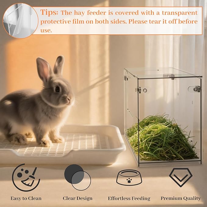 Acrylic Rabbit Hay Feeder with Lid, Transparent Hanging Food Dispenser Hay Feeder for Bunny Rabbits Guinea Pig Cage Chinchillas Hamsters Small Pets and Animals（Small