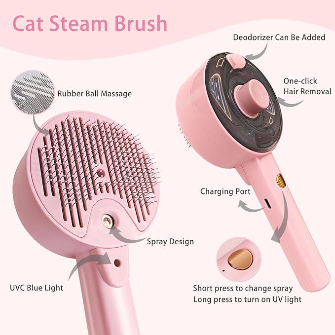 Cat Steam Brush For Shedding, Steamy Dog Grooming Brush With 2-Speed Spray, Blue Light And Release Button, Rechargeable Water Pet Hair Brushes Wet Self Cleaning Spa Comb