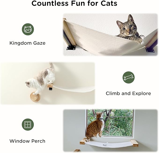 FUKUMARU Cat Wall Furniture, 2 PCS Climbing Shelves Set, Solid Rubber Wood Cat Shelf, Cats Perches for Wall Sleeping, Playing, Jumping and Lounging, 16 inch Drywall Installation