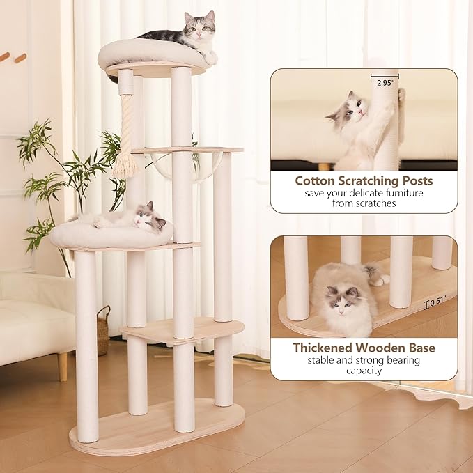 59" Modern Cat Tree Multi-Level Large Cat Tower Heavy Duty Cat Tree with Hammock,Cotton Scratching Post and Washable Cushions