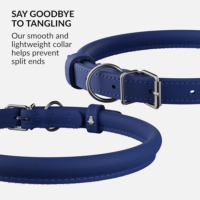 CollarDirect Rolled Leather Dog Collar, Soft Padded Round Puppy Collar, Handmade Genuine Leather Collar Dog Small Large Cat Collars 13 Colors (13-16 Inch, Deep Blue Smooth)