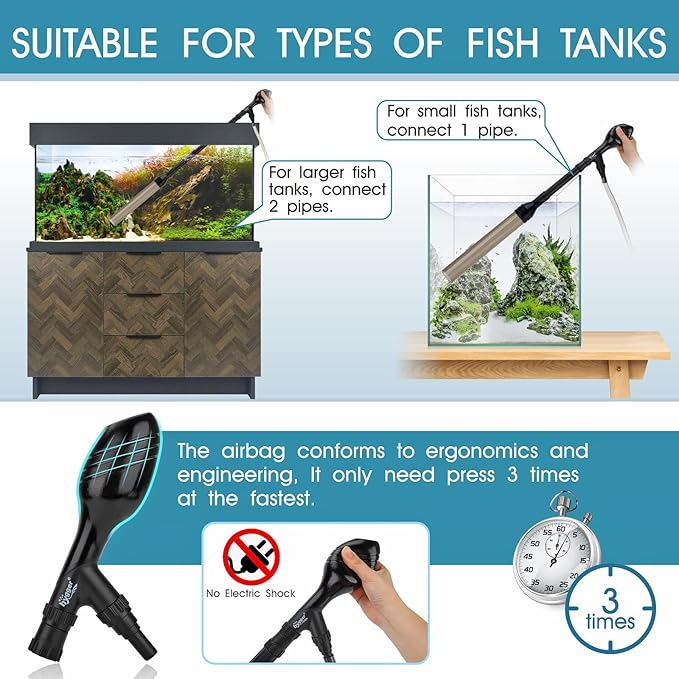 hygger Manual 256GPH Gravel Vacuum for Aquarium, Run in Seconds Aquarium Gravel Cleaner Low Water Level Water Changer Fish Tank Cleaner with Pinch or Grip Suction Ball Adjustable Length