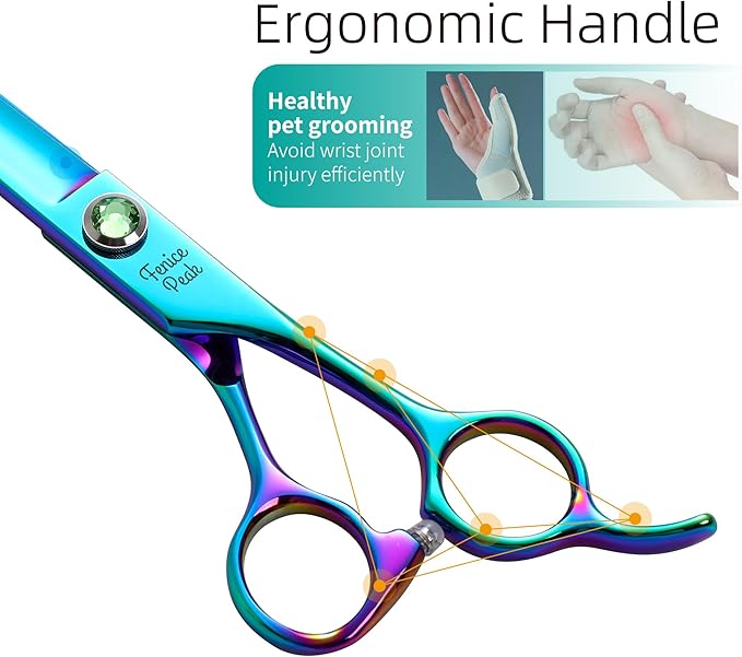 Fenice Peak 7.5'' Green Straight Dog Grooming Scissors Pet Shears with Ergonomic Offest Handle and Simulated Emerald Screw 440C Grooming Scissors Trimming Shears Durable and Sharp