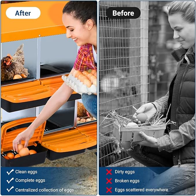 Chicken Nesting Boxes, 8 Hole Metal Chicken Laying Box with with Removable Trays and Roll Out Egg Collection for Chicken Coop, with Metal Bracket, Orange