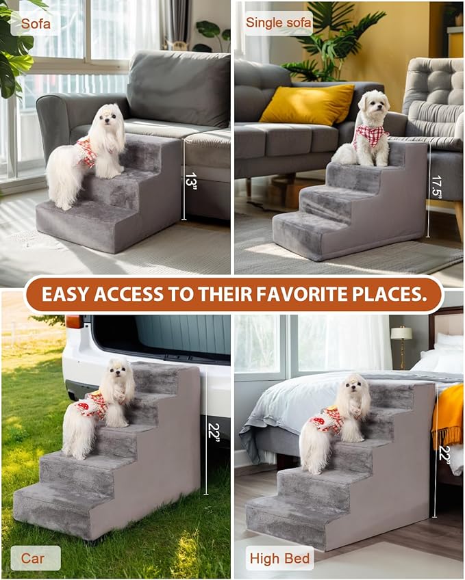 Dog Stairs for Small Dogs,22" 5-Step Pet Stairs for High Beds and Couches，Dog Steps with Non-Slip Bottom and High-Density Foam Indoor Outdoor,Grey