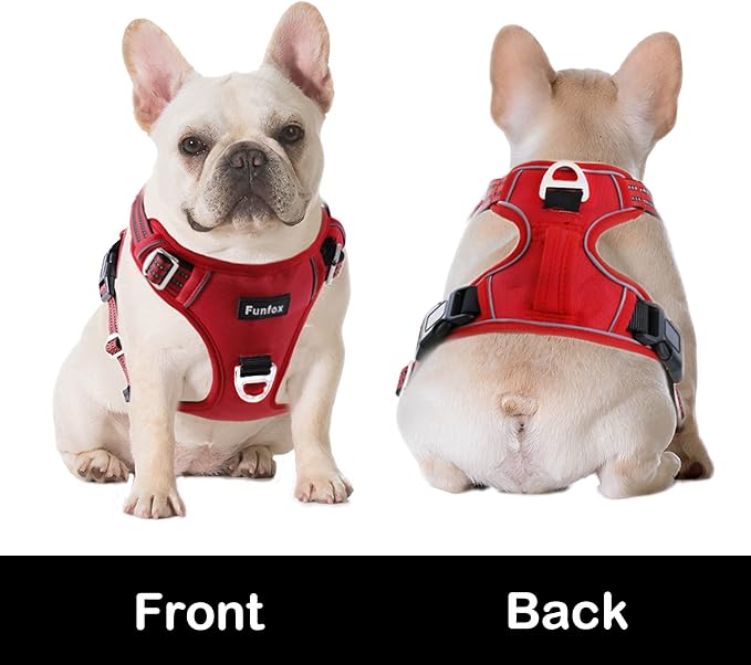Funfox Dog Harness No Pull, Adjustable Pet Vest Harness, Super Soft Material with Vertical Handle Easy Control, Reflective Night Walking, 2 Leash Clips for Medium Sized Dogs, Red, M