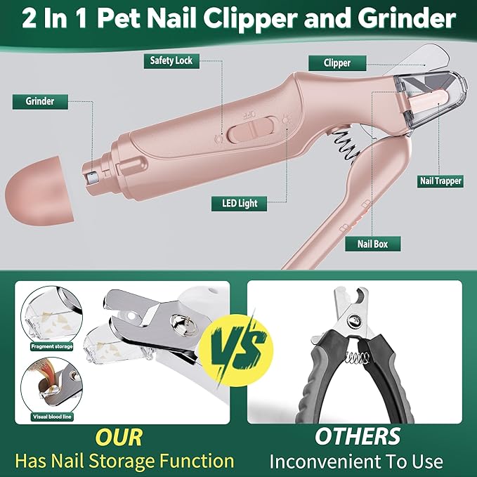 Dog Nail Clippers & Cat Nail Clipper with Catcher, 2 in 1 Dog Nail Trimmers & Grinder with Light for Large Small Dogs Cats,Silent Groom Pro Claw Trimmer, Rechargeable Dogs Nails Grinder Quiet