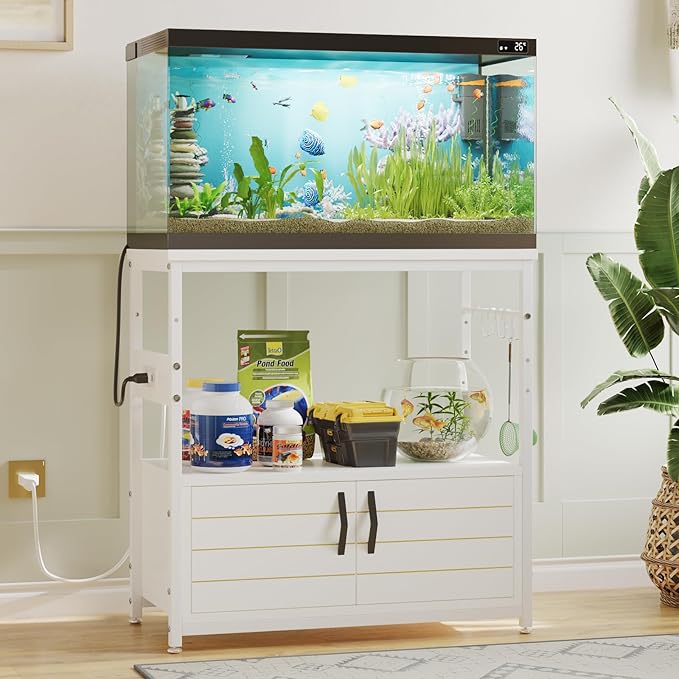 Bestier 20-29 Gallon Fish Tank Stand with Power Outlets, Metal Long Aquarium Stand with Storage Cabinet, 31x15 Reptile Terrarium Stand with Horizontal Gold Line, Stainless Hooks, 350 Lbs(White)