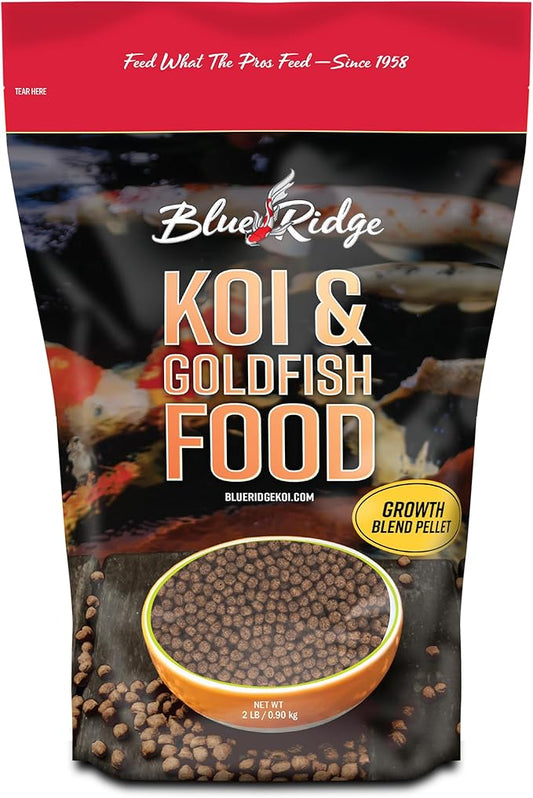 Blue Ridge Koi Fish Food 2lb - Koi Food 3/16” Large and Mini Blend Growth Formula, Goldfish Food, Premium Fish Food for Ponds, Ponds Fish Food, Floating Pond Pellets