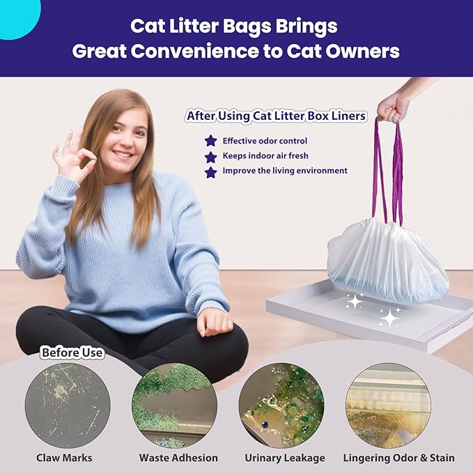 12 Count Litter Box Liners, Waste Bags Compatible with Pet-safe ScoopFree Self-Cleaning Litter Box Tray, Drawstring Litter Bags for Reusable Tray, Pre-Separated (38"L x 14.5"W x 7.8"H)