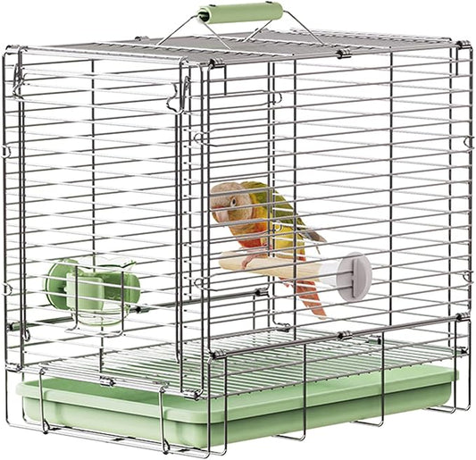 Bird Carrier Travel Cage - 304 Stainless Steel Portable Folding Bird Travel Cage with Parrot Feeder Cups & Standing Perch for Smaller Birds Conures Lovebird Cockatiel Parakeets (Green)