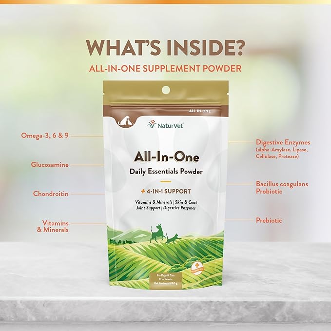 NaturVet All-in-One Dog Supplement - for Joint Support, Digestion, Skin, Coat Care – Dog Multivitamins with Minerals, Omega-3, 6, 9 – Wheat-Free Vitamins for Dogs – 13-Ounce Powder