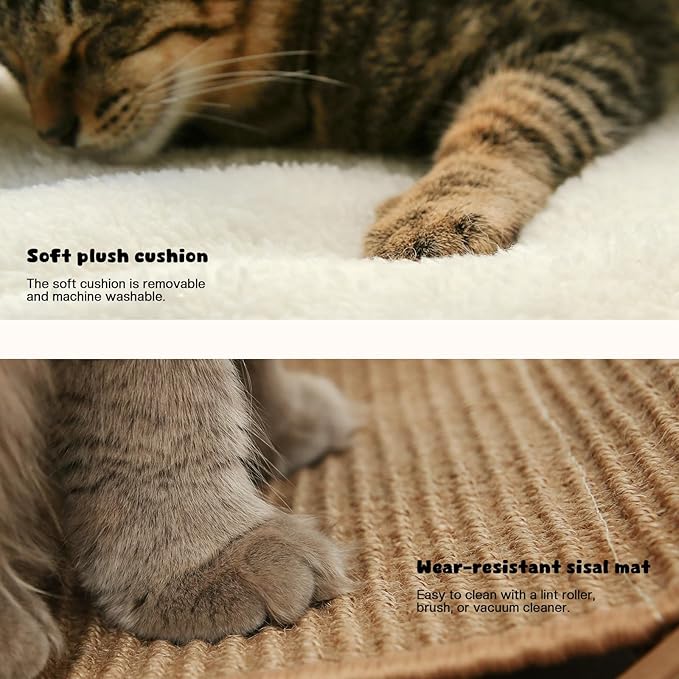 Cat Hammock Bed, Wooden Elevated Cat Beds with Natural Sisal Scratching Mat, Cats Scratcher Bed with Removable Soft Cushion, Cats Scratching Beds with Wood Frames, 22" L x 17.7" W