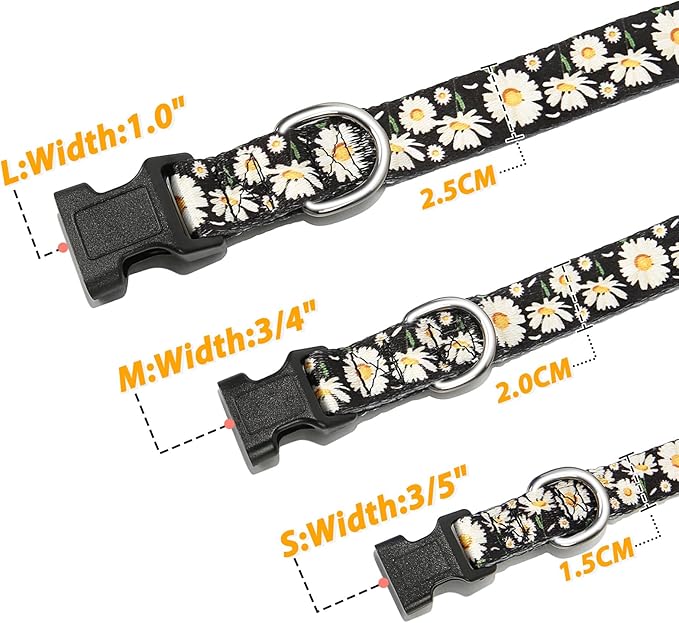 HEELE Dog Collar, Adjustable Soft Dog Collar for Small Medium Large Dogs,Daisy Floral Patterned Puppy Collars with Quick Release Buckle Daisy Black M Length 13.39''-20.87''