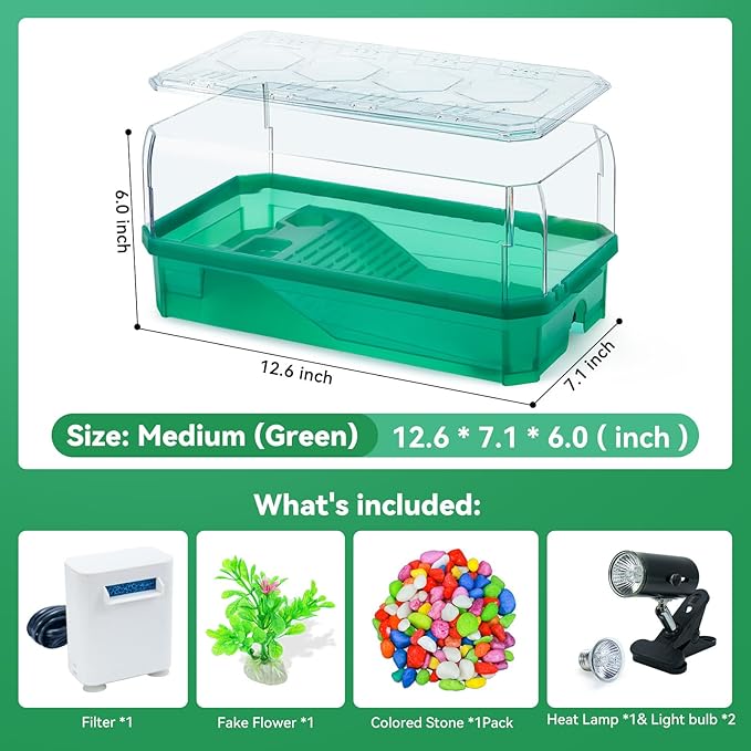 Aquatic Turtle Tank Habitat Kit Stone+Filter+Heat Lamp Enhancing Interaction with 360° Viewing, Standalone Filtration, DIY Creative Zone, Enriched Living (Green, Medium[with Light])