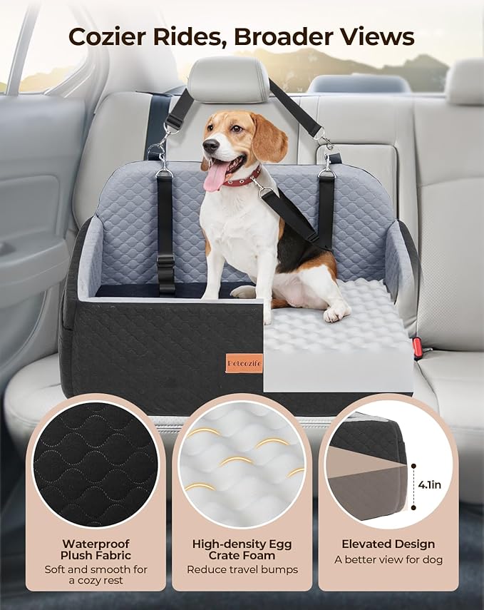 Dog Car Seat for Large Medium Dogs, Pet Car Seat Under 55 lbs or 2 Puppies, Removable Washable Pets Travel Booster Bed for Automotive Backseat with Comfy Thick Cushion, 2 Safety Leashes(Black/Gray)