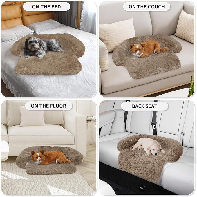 Calming Dog Bed Fluffy Plush Dog Mat for Furniture Protector with Removable Washable Cover for Large Medium Small Dogs and Cats (XS(31“x23.5”x5), Camel)
