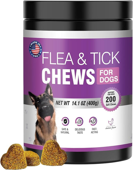 Dog Flea and Tick Treatment Chewable 200 Treatment Chews Natural Soft Chew Fleas Ticks Treatment Dog Oral Chewables Support Supplement Pest Defense Breeds and Ages Dogs Chicken Flavor