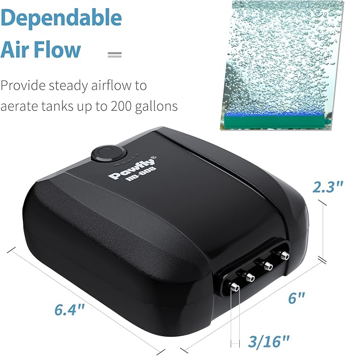 Pawfly Aquarium Air Pump Oxygen Pump for 10-200 Gallon Fish Tanks Buckets Dual Outlet Adjustable Ultra Quiet Aerator Pump with Accessories