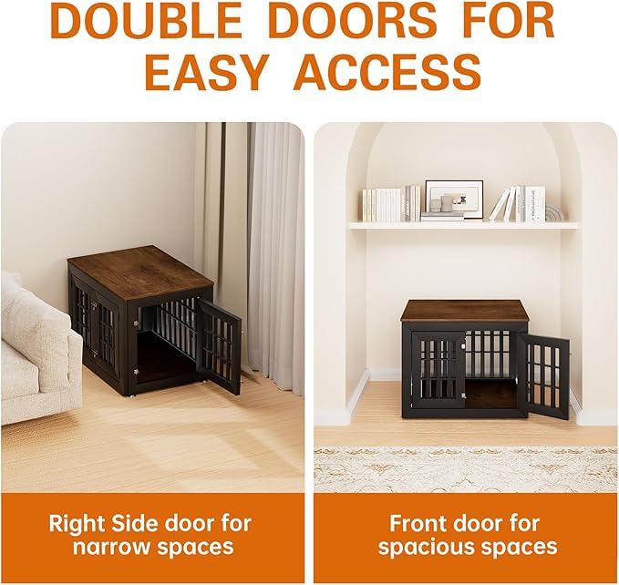 32" Heavy Duty Dog Crate Furniture for Small,Medium and Large Dogs,Rustic Wooden Dog Cage Kennel Indoor Furniture with Waterproof Top,Decorative Pet House Side End Table (Black & Wood)