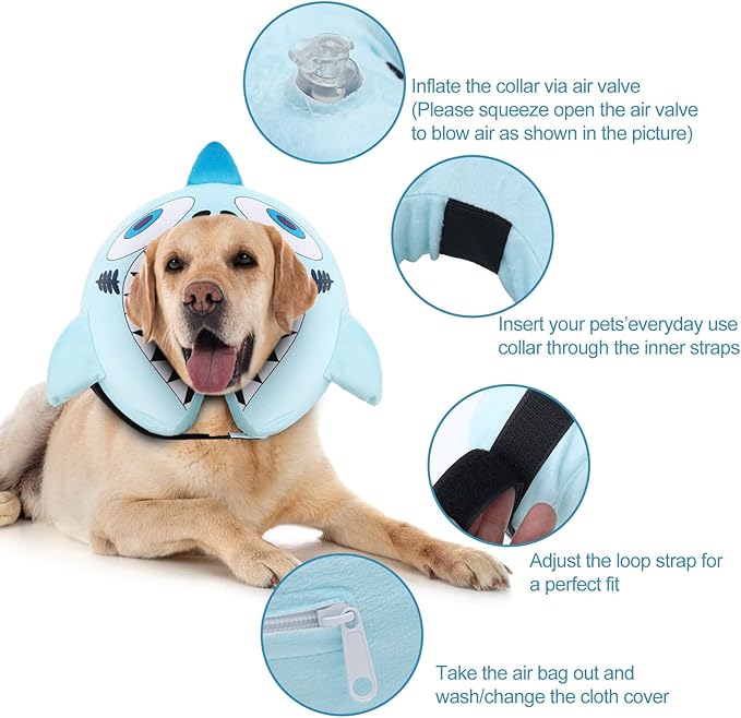 CuteBone Big Shark Inflatable Dog Cone with Removable Soft Fleece Covers for Small/Medium/Large Dogs and Cats Neck Donut Collar After Surgery GWB12L