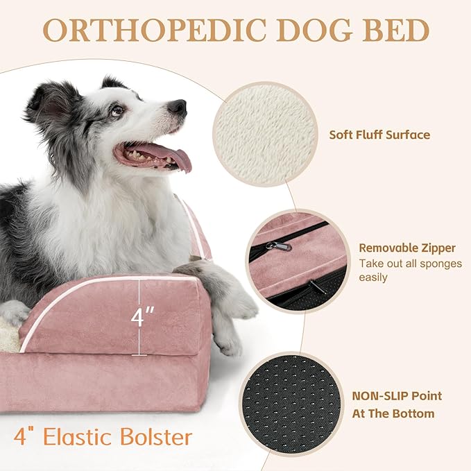 Comfort Expression Medium Dog Beds Waterproof Orthopedic Foam Dog Sofa Beds for Medium Large Dogs Comfy Pet Bed with Washable Removable Cover & Non-Slip Bottom(Medium,Pink)