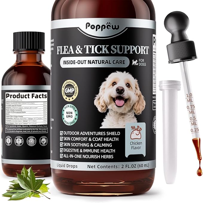 Dog Flea and Tick Support, Natural Herbal Flea & Tick Comfort for Dogs, Flea Liquid Drops Supplement for Dogs with Neem, Oregano, Pumpkin Seed Oil - Chicken Flavor, 2 FL.Oz - All Breeds & Sizes