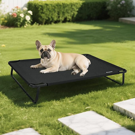 Cooling Elevated Dog Bed, Raised Outdoor Dog Bed Waterproof Pet Beds Cots Stable and Easy Assembly, Teslin Fabric with 1.2mm Thick Iron Frame, Breathable, Ultra-Sturdy，Black,32 * 25.2 * 7.1