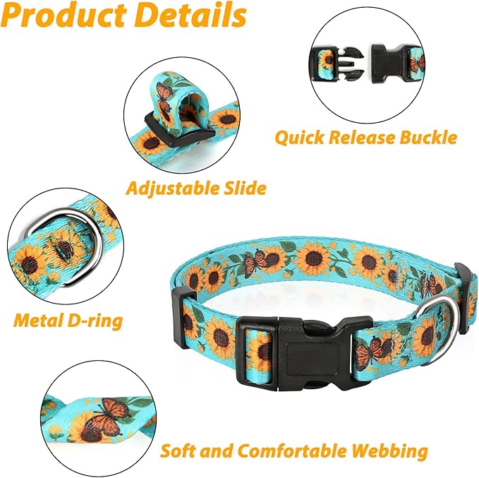HEELE Dog Collar, Adjustable Soft Dog Collar for Small Medium Large Dogs,Sunflower Floral Patterned Puppy Collars with Quick Release Buckle Sunflower Green M Length 13.39''-20.87''
