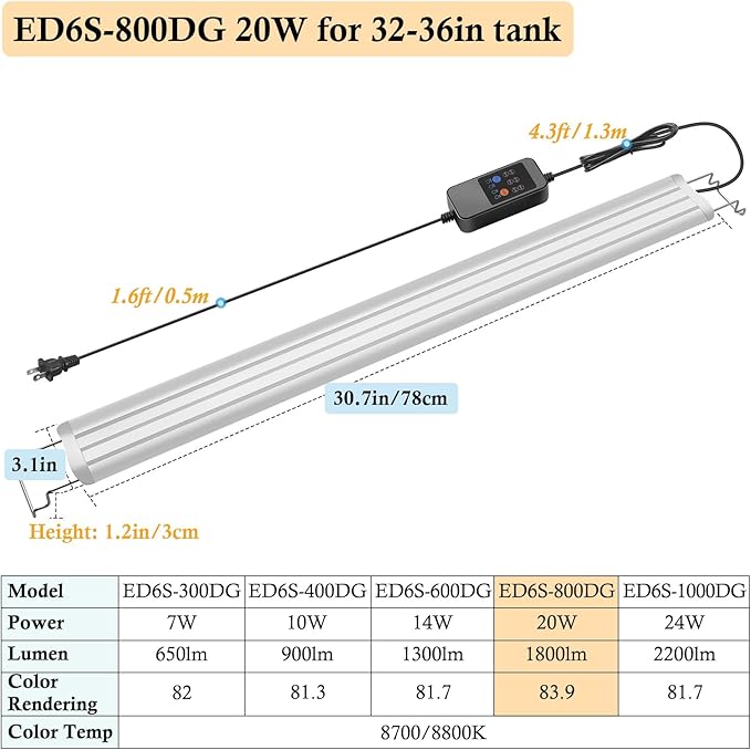 HITOP 32-36in Full Spectrum LED Aquarium Light with Timer, Auto 24/7 Lighting Cycle& 10-Level Brightness Adjustment, Fish Tank Light for Plant Growth, with Extendable Brackets
