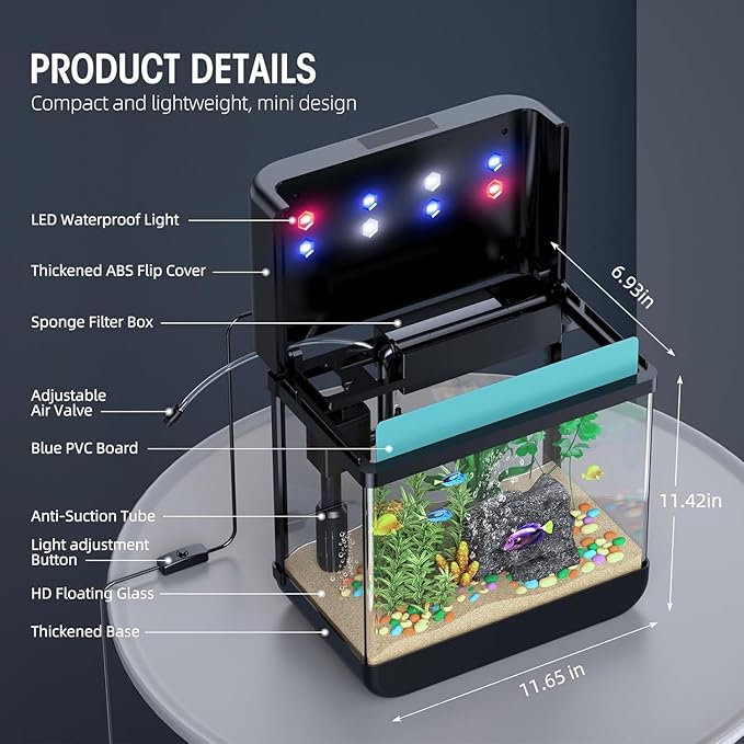Fish Tank Aquarium 2.2 Gallon with Adjustable 3 Colors Lighting 3 in 1 Pump with Filteration, Oxygenation, Water Circulation Triple Function, HD Float Glass, Leak-Proof Thickened Base