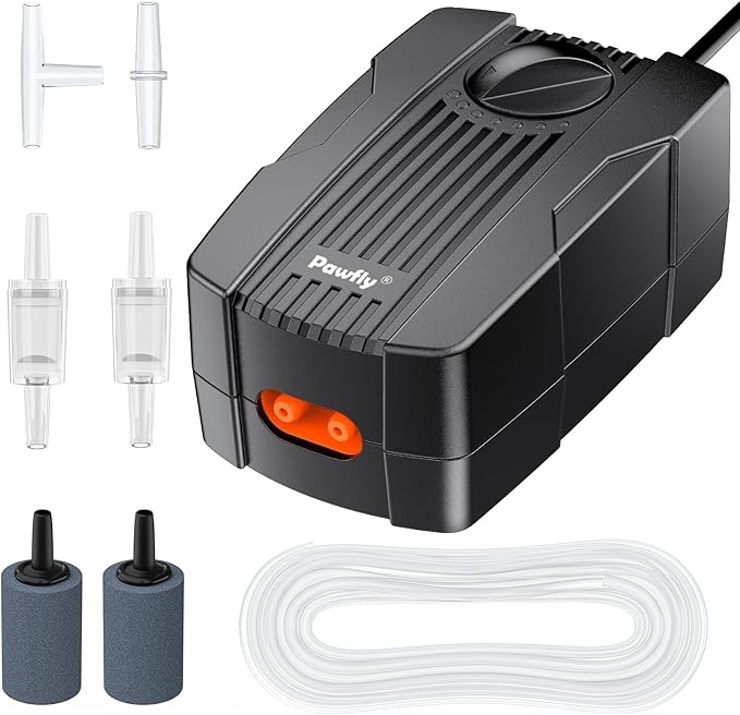Pawfly Aquarium Air Pump Oxygen Pump for 10-200 Gallon Fish Tanks Buckets Dual Outlet Adjustable Ultra Quiet Aerator Pump with Accessories