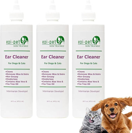 Dog & Cat Ear Cleaner Solution with Aloe Vera & Tea Tree Oil – Removes Itchy Ear Wax, Debris, Odor – Ears Wash, Drops & Flush for Pets, Dog Ears Cleaning, Cat Cleaner (16 oz- Pack of 3)