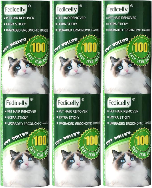 Fedicelly Lint Rollers Pet Hair Extra Sticky Refills,Mega Value Set 600 Sheets for Cat and Dog Hair Removal,100 Sheets Per Roller (Pack of 6)