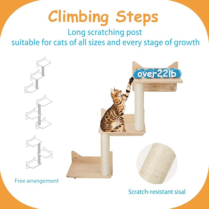 9-Piece Wall-Mounted Cat Shelves Set, House, Lookout Tower, 2 Sisal Scratching Posts, 5-Step Cat Wall Ladder, Pine Furniture, Extra-Wide & Long for Large Cats, Space-Saving Indoor Shelves