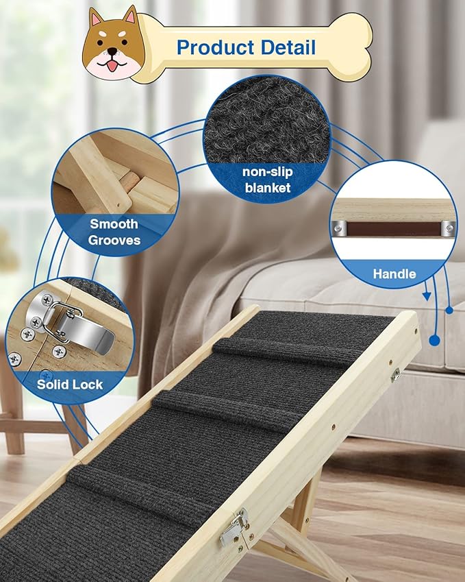 Adjustable Dog Ramp, Wooden Folding Portable Pet Ramp,Rated for 30 LBS, 32.6" Long and Adjustable from 10" to 19" with Non-Slip Traction Mat, Dog Step for Bed, Couch,Car (Grey)