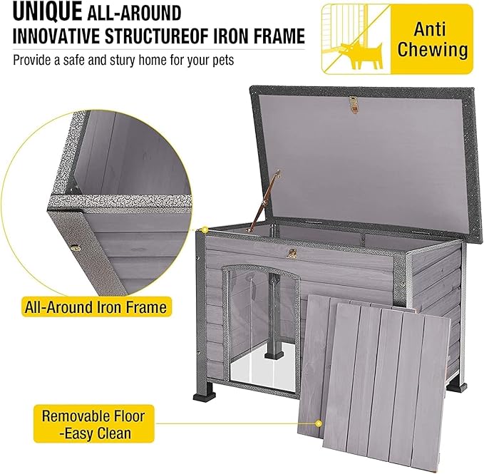 Aivituvin Dog House Outdoor Indoor Weatherproof Dog House for Small & Medium & Large Dogs with Unique All-Around Iron Frame＆Raised Feet（Grey）
