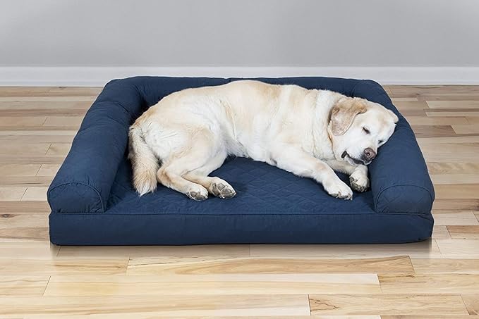 Furhaven Cooling Gel Dog Bed for Large Dogs w/ Removable Bolsters & Washable Cover, For Dogs Up to 95 lbs - Quilted Sofa - Navy (Blue), Jumbo/XL