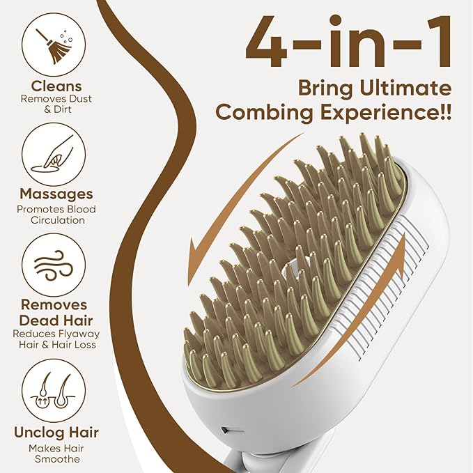 4-in-1 Cat Steam Brush for shedding – Self-Cleaning Comb for Long and Short Hair Cats and Dogs, Steam Pet Brush for Hair Removal, Vibrating Message, Grooming & Relaxation (White)