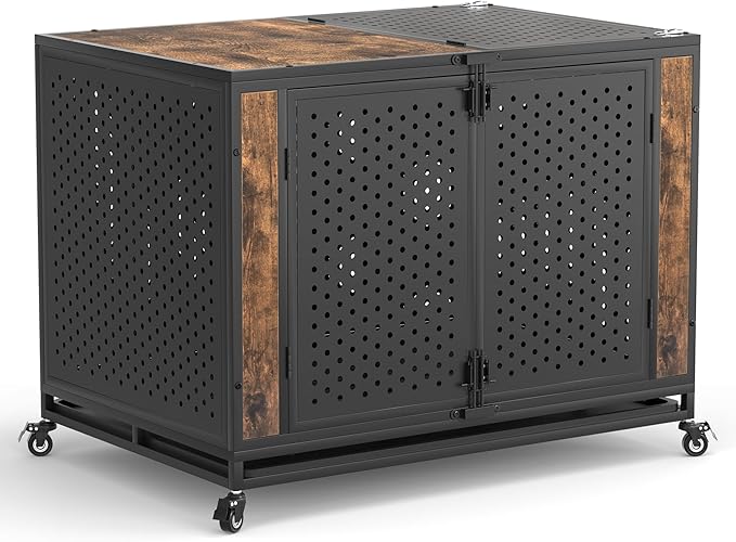 42" Heavy Duty Dog Crate Furniture for Large and Medium Dogs, Enclosed Design with 0.5 inch Holes, Indestructible Metal Kennel for High Anxiety Dogs, Chew Proof Pet House Cage Indoor, Brown