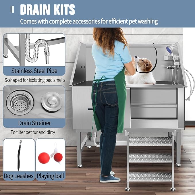 50" Dog Washing Station, Professional Stainless Steel Dog Bathing Station, Equipped/W Three Anti-Slip Steps, Removable Door, Upgraded Spray Nozzle&Hose - for Home, Pet Grooming Salon (50" Right ramp)