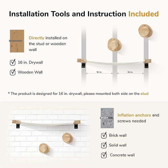 FUKUMARU Cat Wall Furniture, 2 PCS Climbing Shelves Set, Solid Rubber Wood Cat Shelf, Cats Perches for Wall Sleeping, Playing, Jumping and Lounging, 16 inch Drywall Installation